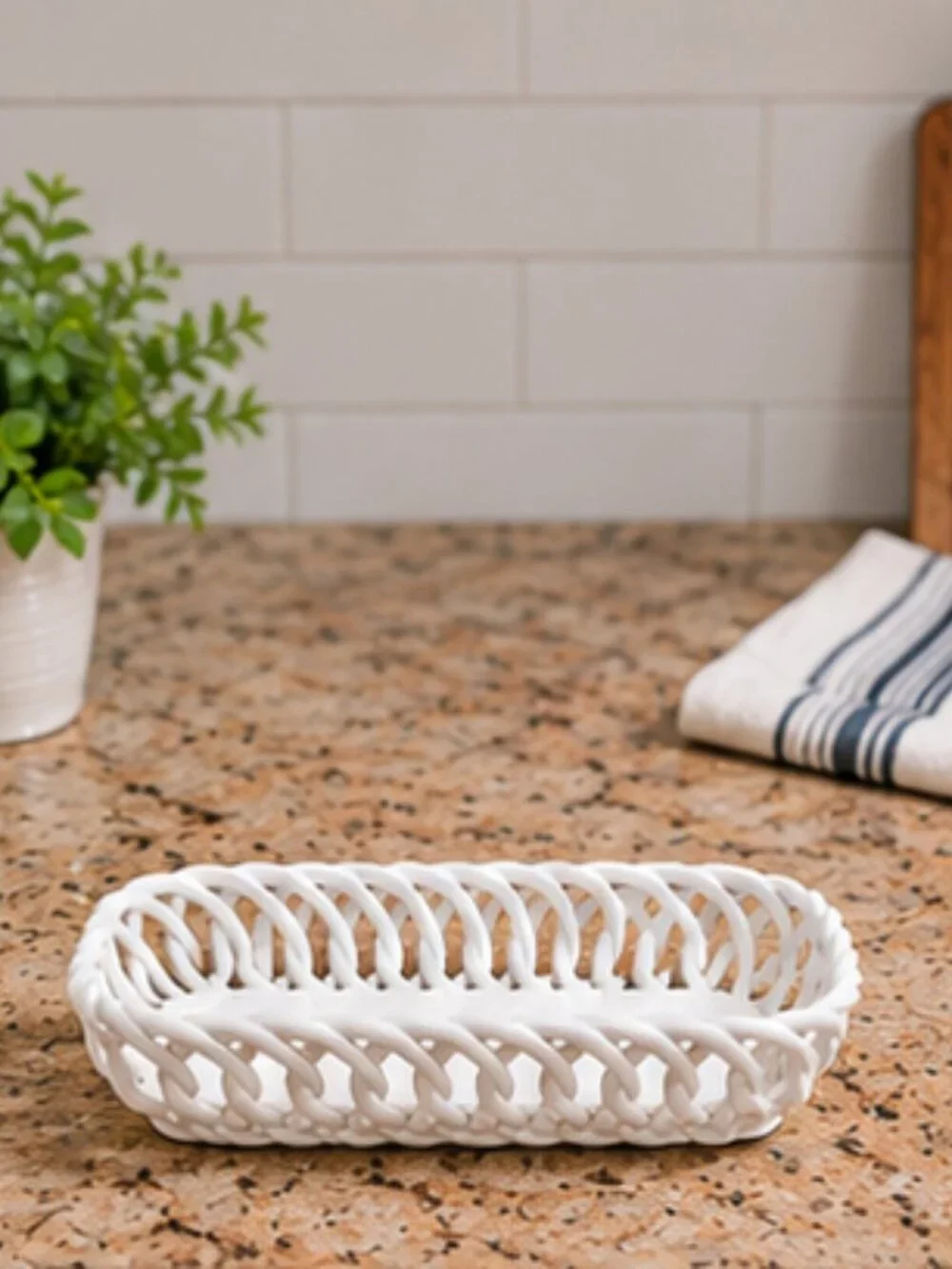 Meritage White Woven Ceramic Basket Serving Bowl 13.5